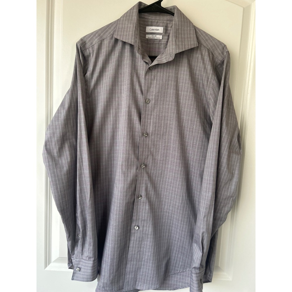 Calvin Klein Steel+ Slim Fit Stretch Non-Iron Dress Shirt Grey Purple Plaid 15